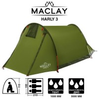 Палатка туристическая HARLY 3, размер 210 х 180 х 110 см, 3-местная, однослойная 5385302s фото
