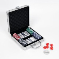 Покер в металлическом кейсе (карты 2 колоды, фишки 100 шт с  номиналом, 5 кубиков), 20х20 см 269187s фото