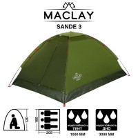 Палатка туристическая SANDE 3, размер 205 х 180 х 120 см, 3-местная, однослойная 5385294s фото